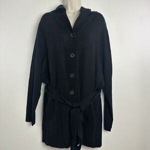 Lane Bryant‎ Women Plus 22/24 (2X) Black Knit Hooded Button Front Cardigan Belt